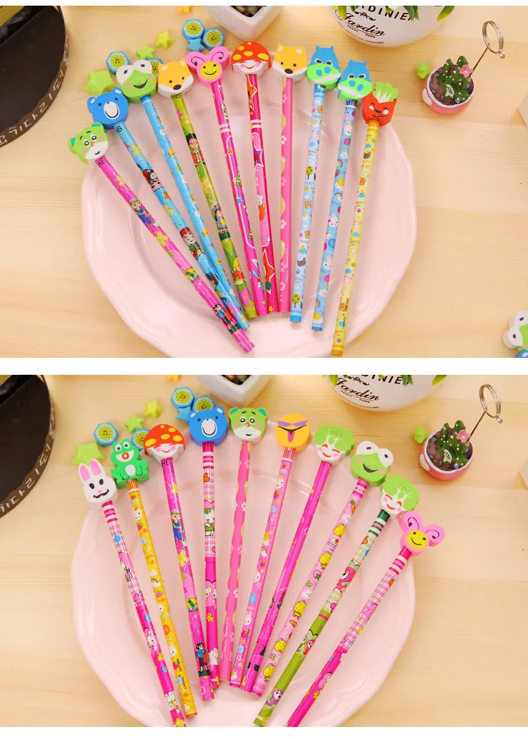 20Pcs/Lot Cute Cartoon HB Pencils With Kawaii Eraser Head for Children's Stationery Kids Drawing Writing Pen School Supplies