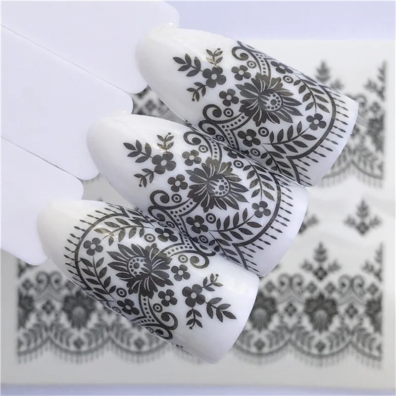 1 Sheet Nail Art Water Decals Black Lace Flower Animals Pattern Nail Transfer Sticker Slider DIY Nail Stickers Art Decoration