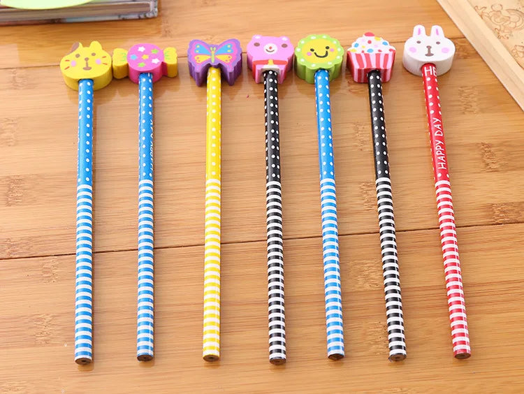 20Pcs/Lot Cute Cartoon HB Pencils With Kawaii Eraser Head for Children's Stationery Kids Drawing Writing Pen School Supplies