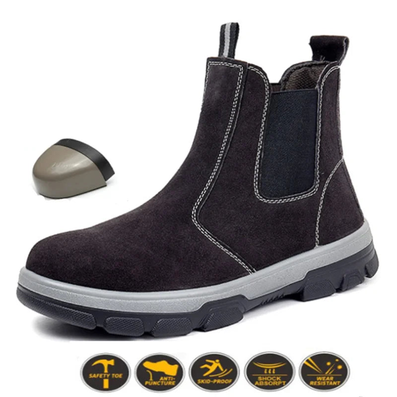 Genuine Leather Work Boots Winter Men Safety Shoes Plus Velvet Warmth Non-slip Steel Toe Cap Indestructible Work Shoes Designer