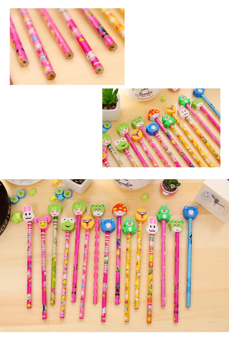 20Pcs/Lot Cute Cartoon HB Pencils With Kawaii Eraser Head for Children's Stationery Kids Drawing Writing Pen School Supplies