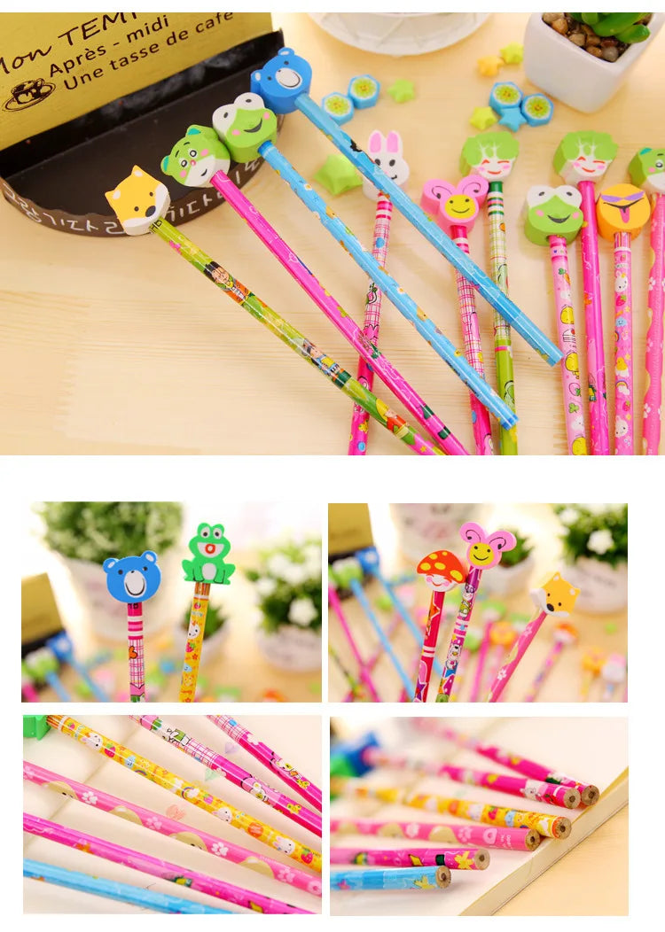 20Pcs/Lot Cute Cartoon HB Pencils With Kawaii Eraser Head for Children's Stationery Kids Drawing Writing Pen School Supplies