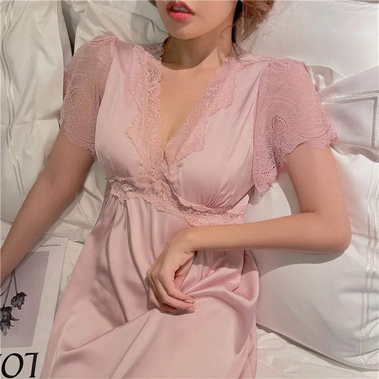 Summer Satin Night Dress Women Sleepwear With Bras Long Lace Nightgown Short Sleeve Sleepdress Loose Intimate Lingerie Nightwear