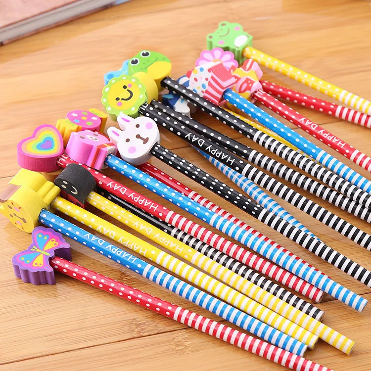 20Pcs/Lot Cute Cartoon HB Pencils With Kawaii Eraser Head for Children's Stationery Kids Drawing Writing Pen School Supplies