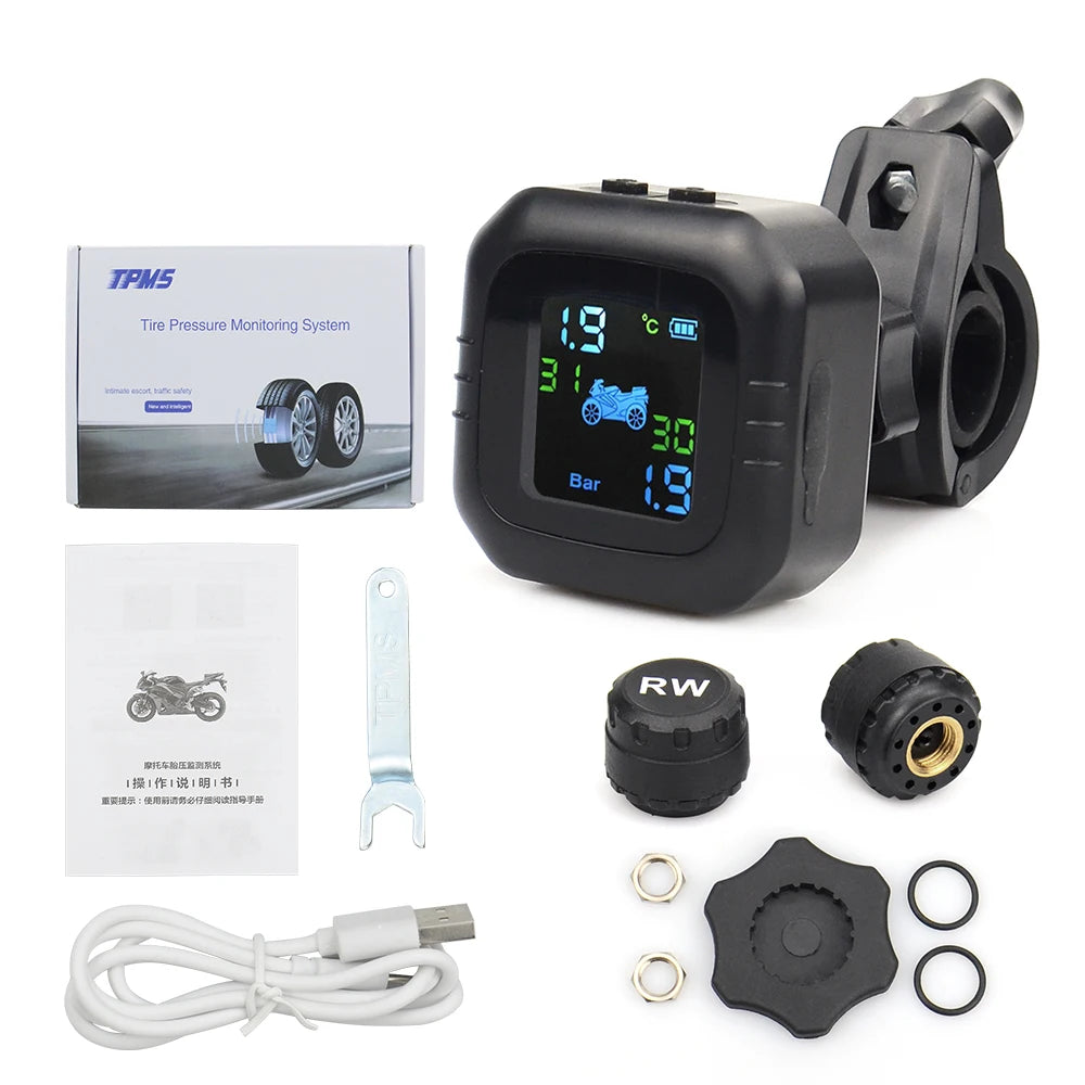 Best quality USB Solar Charging Motorcycle TPMS Motor Tire Pressure Tyre Temperature Monitoring Alarm System with 2 External