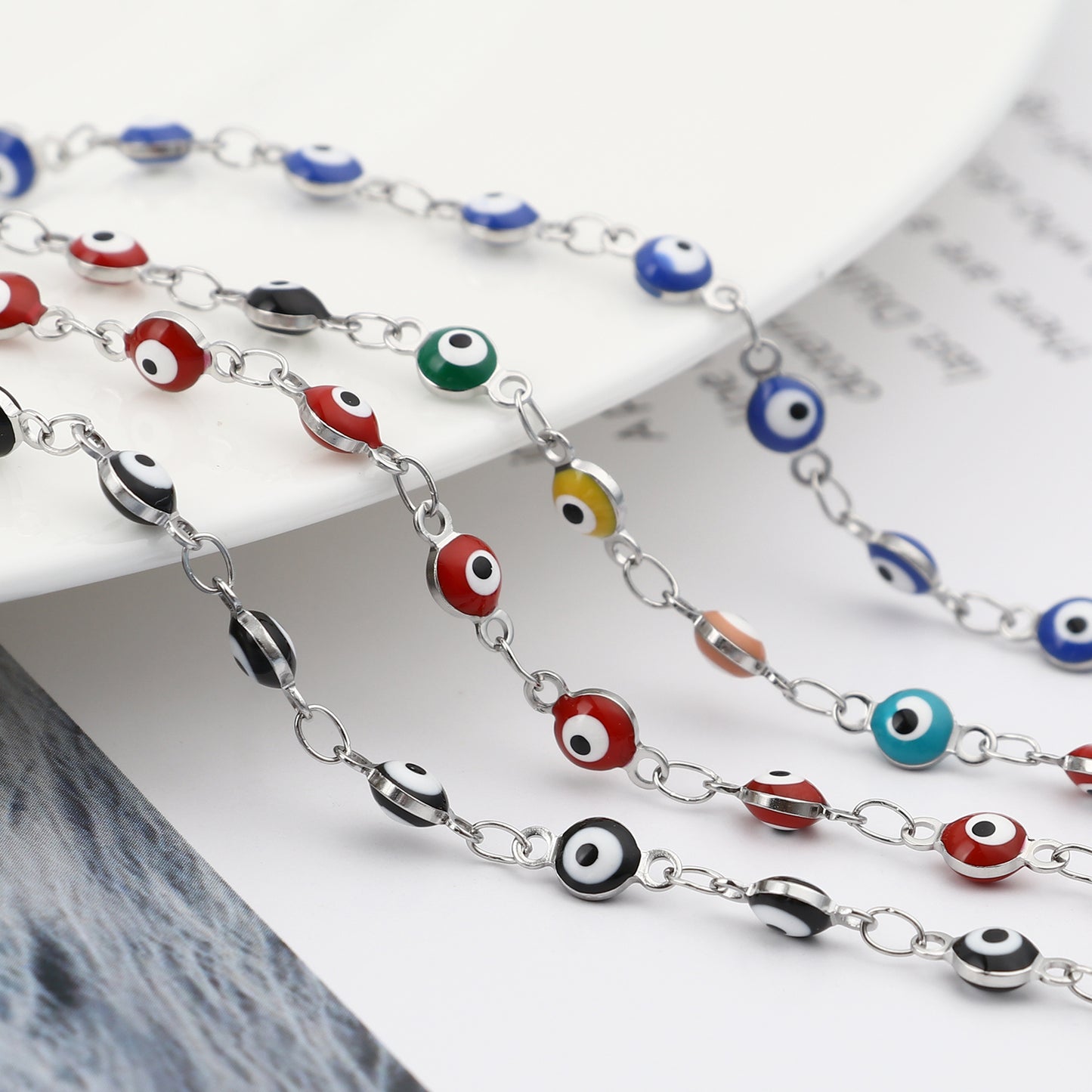 304 Stainless Steel Religious Evil Eye Bracelet Enamel Beads Link Chain Bracelet For Women Men Turkish Jewelry Bangle 19.5cm,1PC