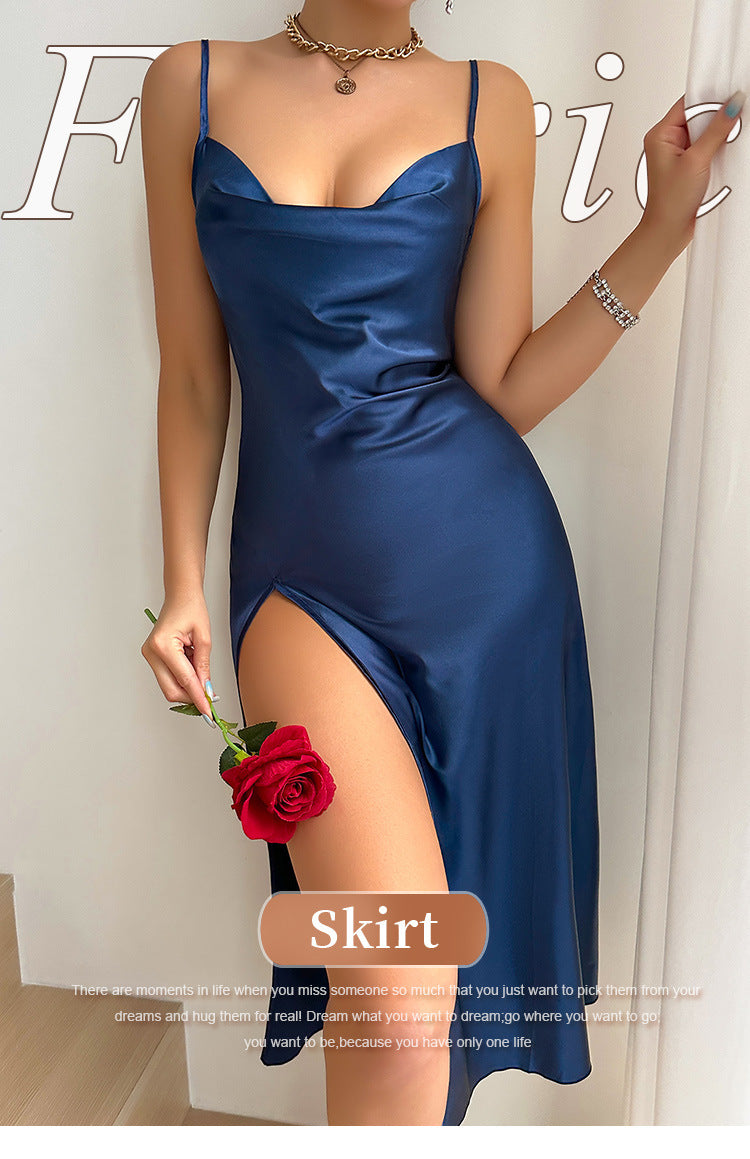 Summer Women Long Suspender Nightgown Chemise Sleepwear Sexy Backless Split Nightdress Lingerie Silky Satin Homewear Loungewear