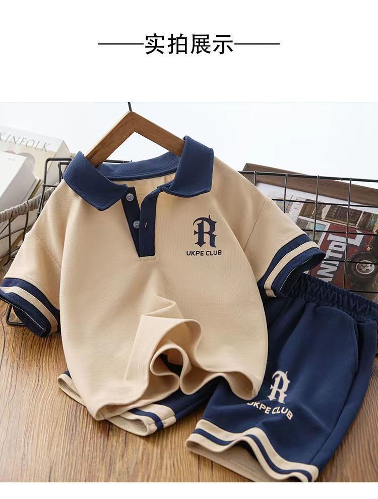 Summer Children Boy Clothes Kid Lapel T-Shirts and Shorts Set Patchwork V Neck Top Bottom 2 Pieces Suit Fashion Tracksuits