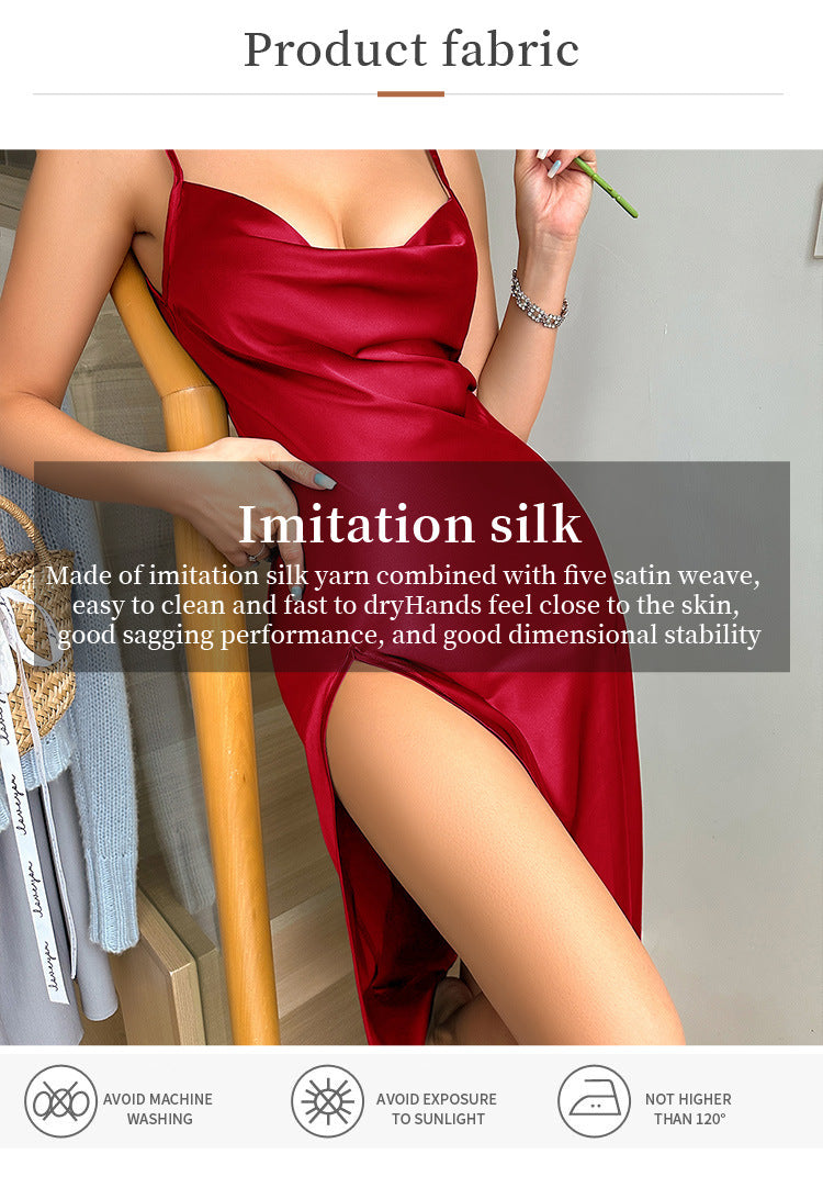 Summer Women Long Suspender Nightgown Chemise Sleepwear Sexy Backless Split Nightdress Lingerie Silky Satin Homewear Loungewear