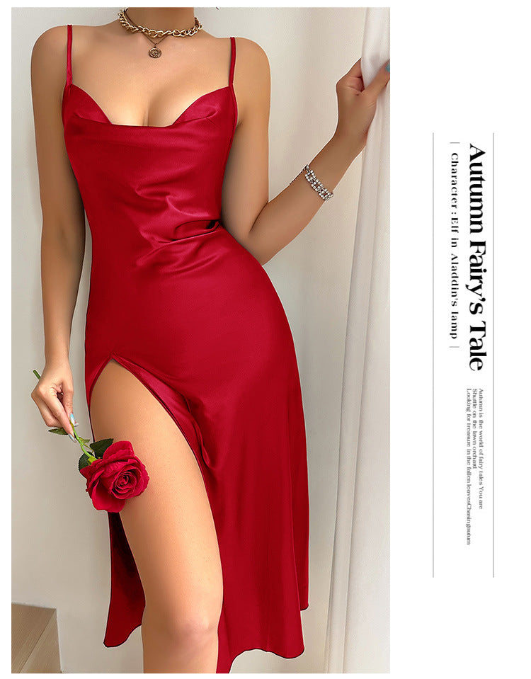 Summer Women Long Suspender Nightgown Chemise Sleepwear Sexy Backless Split Nightdress Lingerie Silky Satin Homewear Loungewear