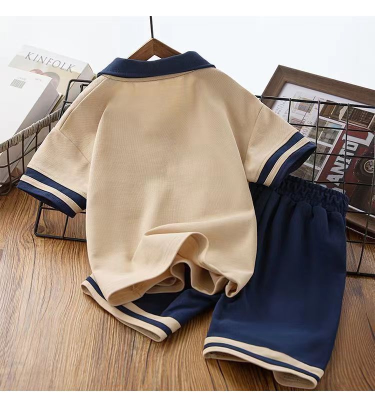 Summer Children Boy Clothes Kid Lapel T-Shirts and Shorts Set Patchwork V Neck Top Bottom 2 Pieces Suit Fashion Tracksuits