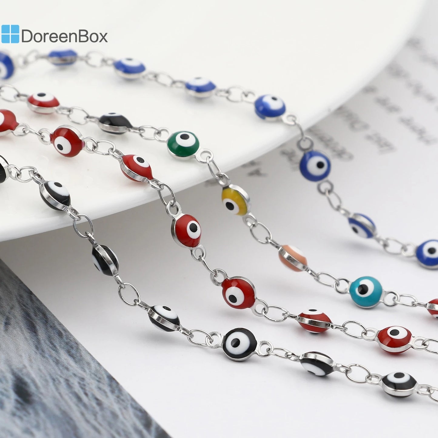 304 Stainless Steel Religious Evil Eye Bracelet Enamel Beads Link Chain Bracelet For Women Men Turkish Jewelry Bangle 19.5cm,1PC