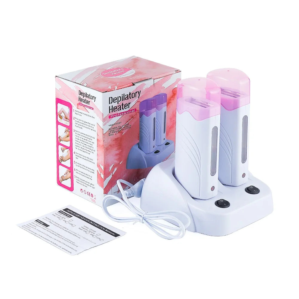 3 IN 1 Double Roller Depilatory Wax Waxing Kit Hair Removal Waxing Kit Wax Heater with Wax Cartridge Facial Body Bikini Epilator