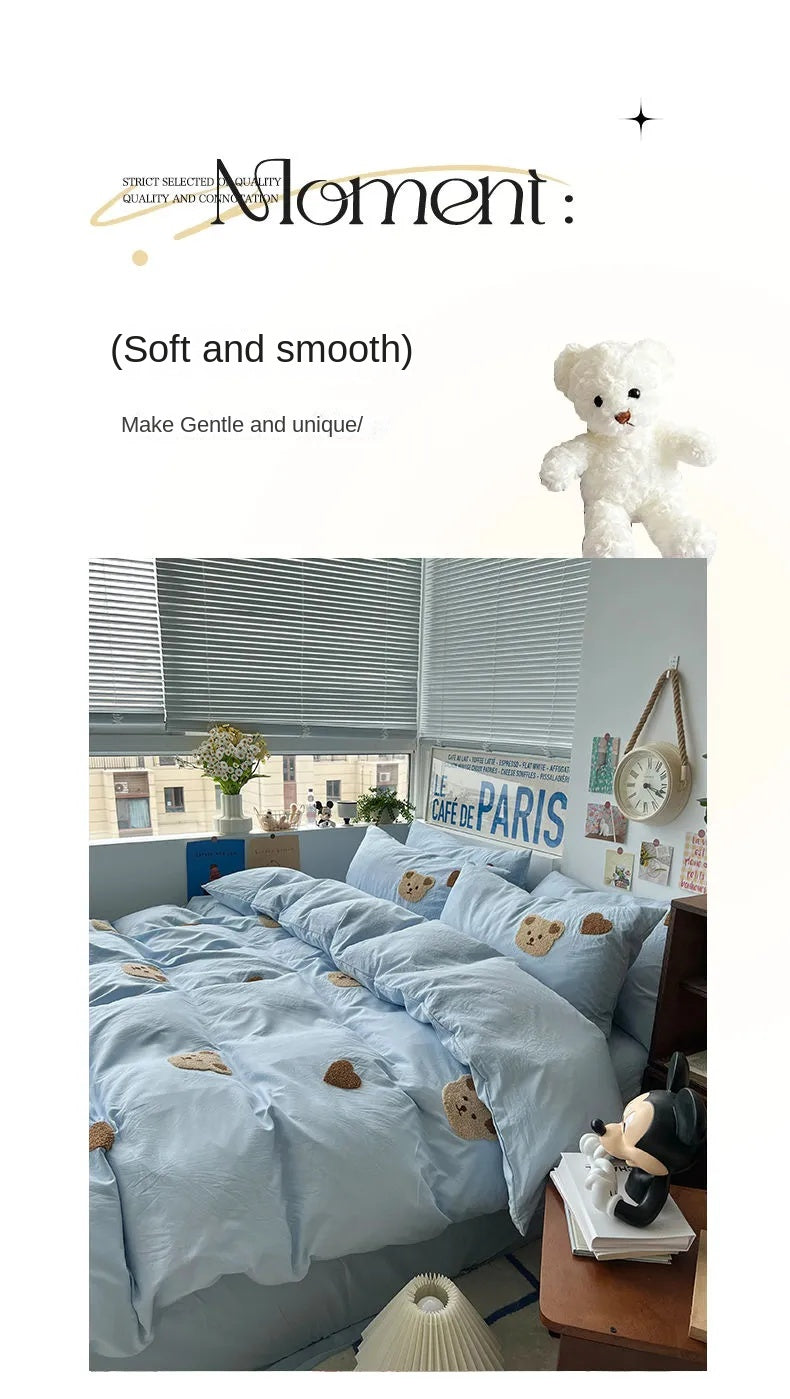 Solid Blue Bear Bedding Set Duvet Cover Queen Full Twin Size Bed Flat Sheet Kids Girls Room Decor Quilt Cover Pillowcase Kawaii