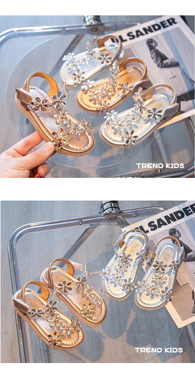 2024 Summer Girls Sandals Flower Crystal Princess Shoes Kids Fashion Rhinestone Beach Shoes Children Anti-slip Ankle Strap Shoes