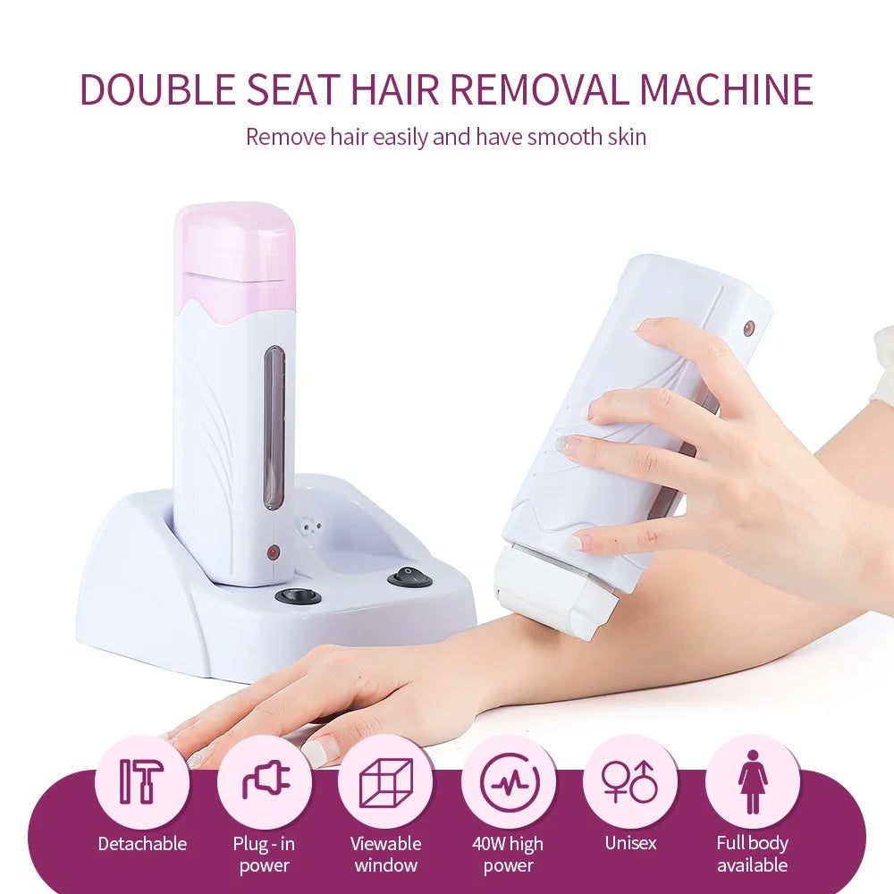 3 IN 1 Double Roller Depilatory Wax Waxing Kit Hair Removal Waxing Kit Wax Heater with Wax Cartridge Facial Body Bikini Epilator