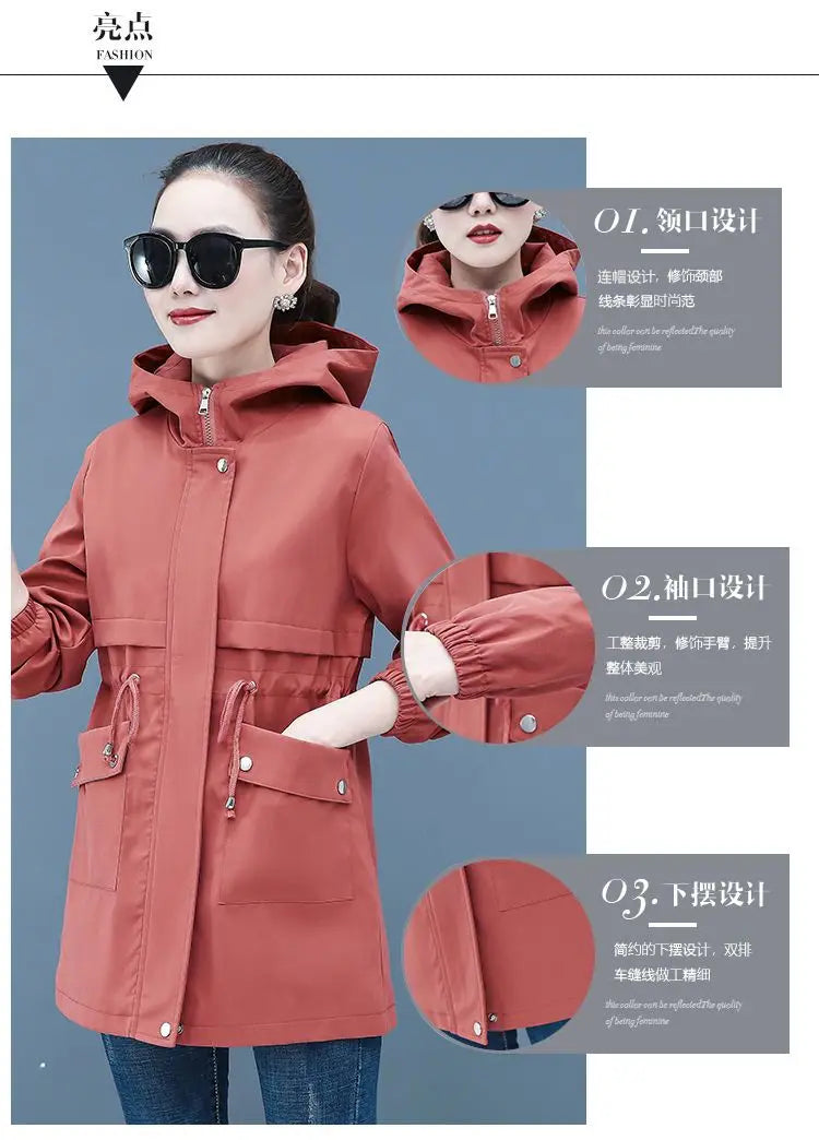 2023 New Spring Autumn Women Jackets Hooded Windbreaker Basic Coat Long Coats Lightweight Outerwear Famale Cardigan Clothing