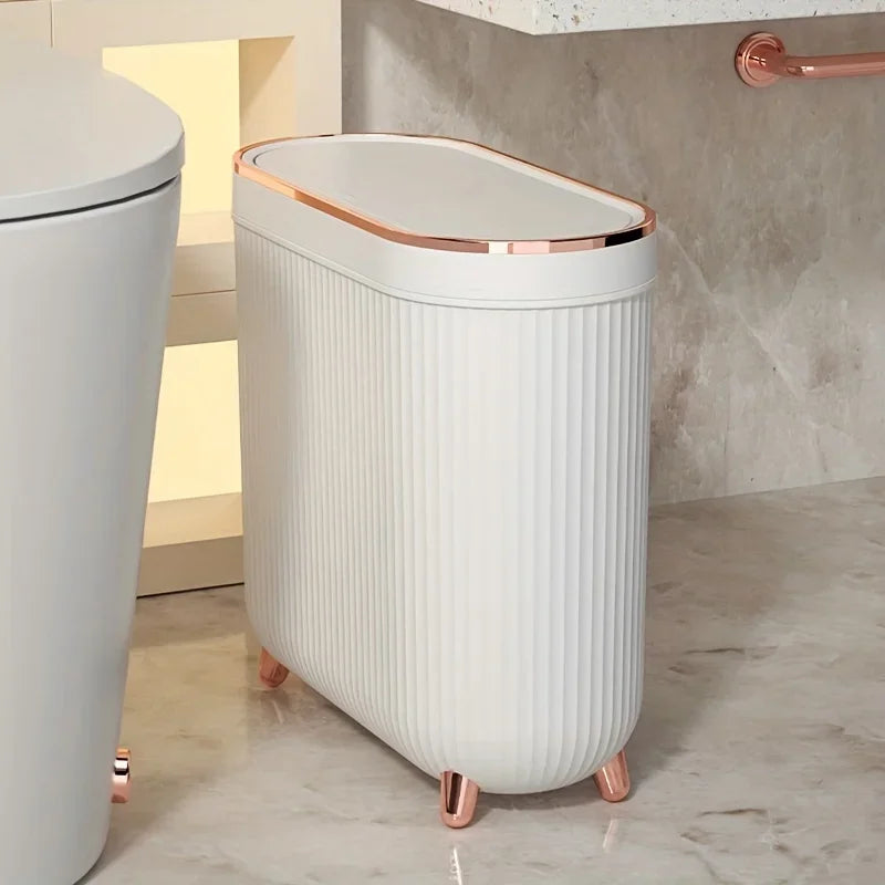 Compact Quiet-Close Trash Can for Bathroom/Bedroom - Electricity-Free, Space-Saving, with Optional Lid