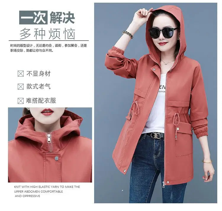 2023 New Spring Autumn Women Jackets Hooded Windbreaker Basic Coat Long Coats Lightweight Outerwear Famale Cardigan Clothing