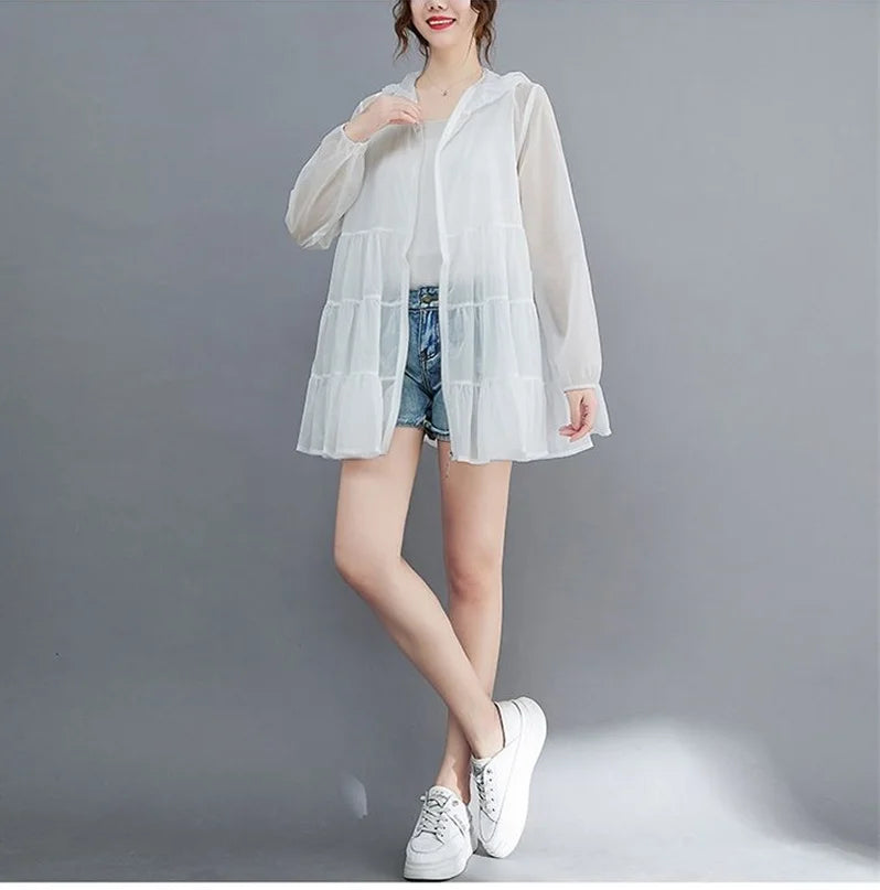 2023 Summer Thin Windbreaker New Sunscreen Clothes Mid-Long Female Breathable Shirt Oversize Jacket With Hooded Female Outerwear