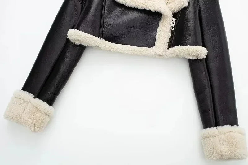 Women's Cropped Leather Jacket Coat Black Wool Blends Coats Bomber Tweed Jacket Autumn Winter Leather and Fur Crop Jacket