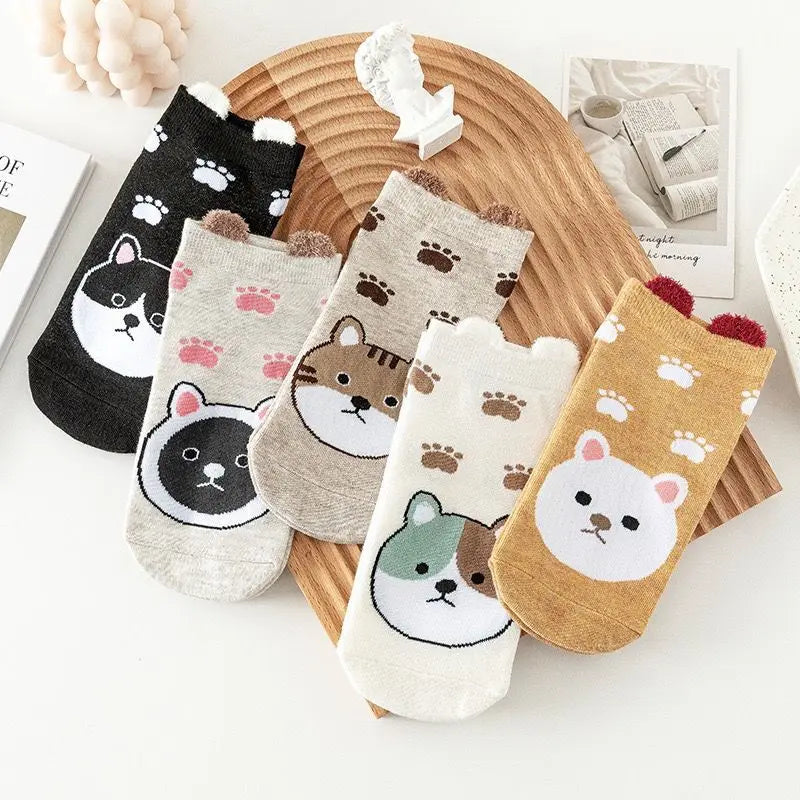 Spring And Autumn Fashion Women's Sotton Socken Funny Cartoon Animal Hello Kitten Dog Cute Girl Happy Funny Socks 5 Pairs