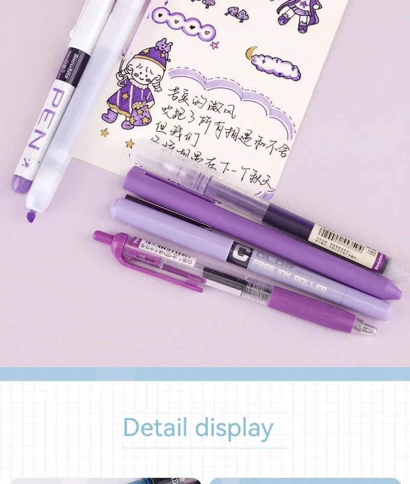 6pcs/set Roller Pen Purple / Pink / Green Color Ink Straight Liquid Gel Pen Ballpoint Pen for School Office Stationery Kawaii