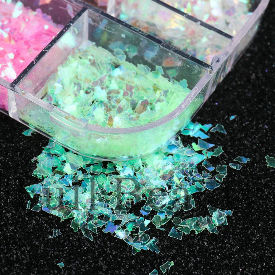 12 Grids Nail Art Glitter Luminous Irregular Flakes Broken Glass Sequins Powder Iridescent UV Gel Polish Nail Decoration NFSP