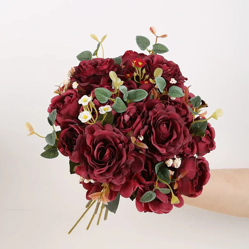 30cm Fake Peony Silk Flowers Bouquet Faux Hydrangea Flower Decor Wedding Party Home Decoration Retro Peonies Artificial Flowers
