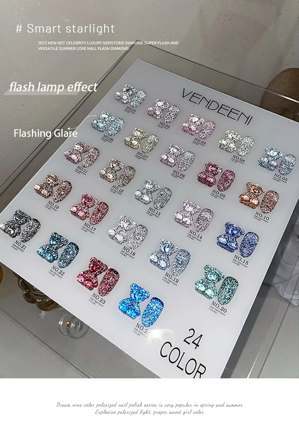 Vendeeni 24 Colors Glitter Broken Diamond Gel Nail Polish Flash Reflective Nail Art Gel Varnish UV LED Soak Off Gel Lacquer 15ml