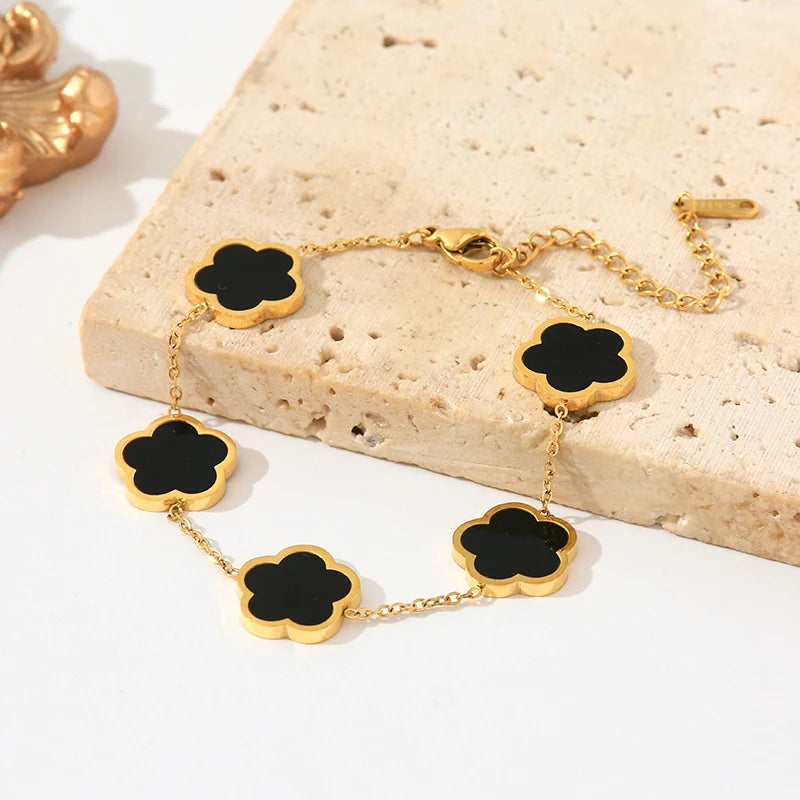 GANEMLY 316L Stainless Steel Black Five Leaf Clover Bracelets For Women New Trendy Waterproof Wrist Chain Jewelry Girls Gift