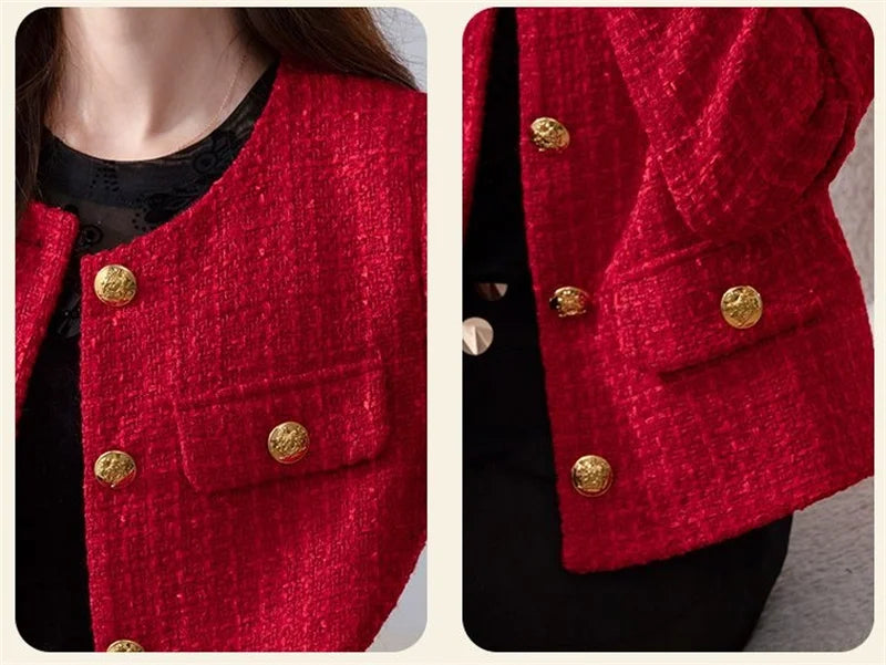 Women's Jacket 2024 Spring Autumn New Red Tweed Small Fragrance Coat Short Blazers Korean Fashion Elegant Female Tops Outerwear