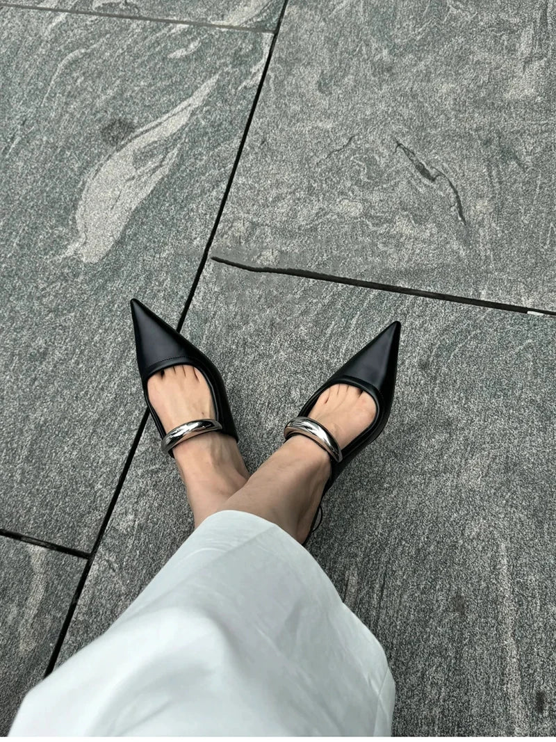 Thick Heel Women Mules Slippers Shoes Fashion Shallow Metal Decoration Slides Spring Autumn Outdoor Party Dress Shoes