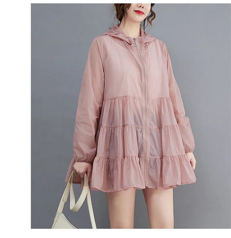 2023 Summer Thin Windbreaker New Sunscreen Clothes Mid-Long Female Breathable Shirt Oversize Jacket With Hooded Female Outerwear