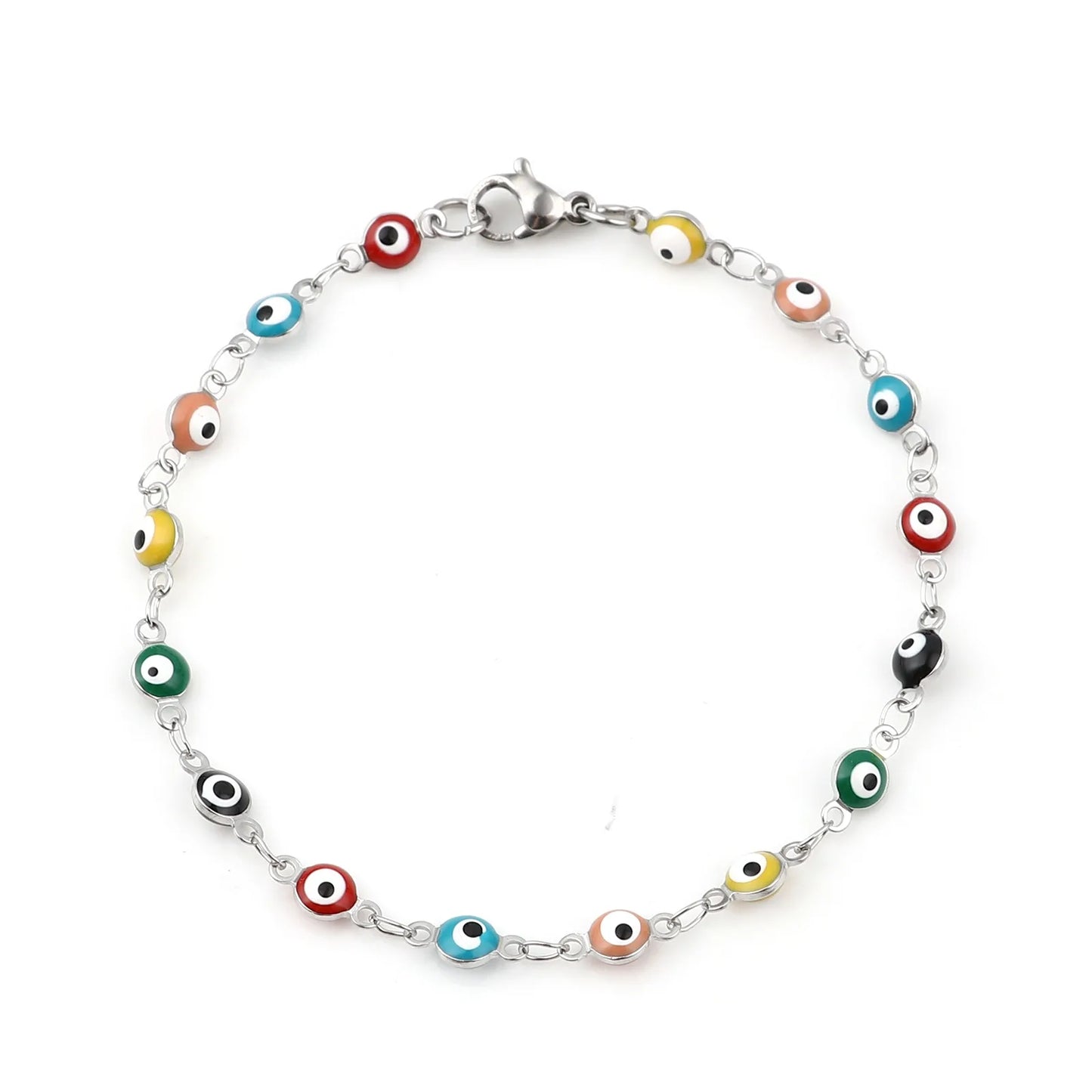 304 Stainless Steel Religious Evil Eye Bracelet Enamel Beads Link Chain Bracelet For Women Men Turkish Jewelry Bangle 19.5cm,1PC