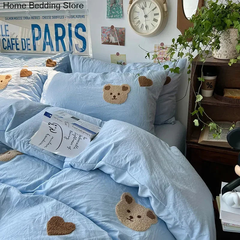 Solid Blue Bear Bedding Set Duvet Cover Queen Full Twin Size Bed Flat Sheet Kids Girls Room Decor Quilt Cover Pillowcase Kawaii