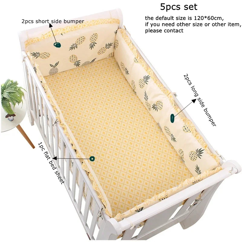 5pcs Crib Bumper Bedding Set Cotton Cute Print Sheet Cradle Side Protector Toddler Baby Room Accessories Bed Protection
