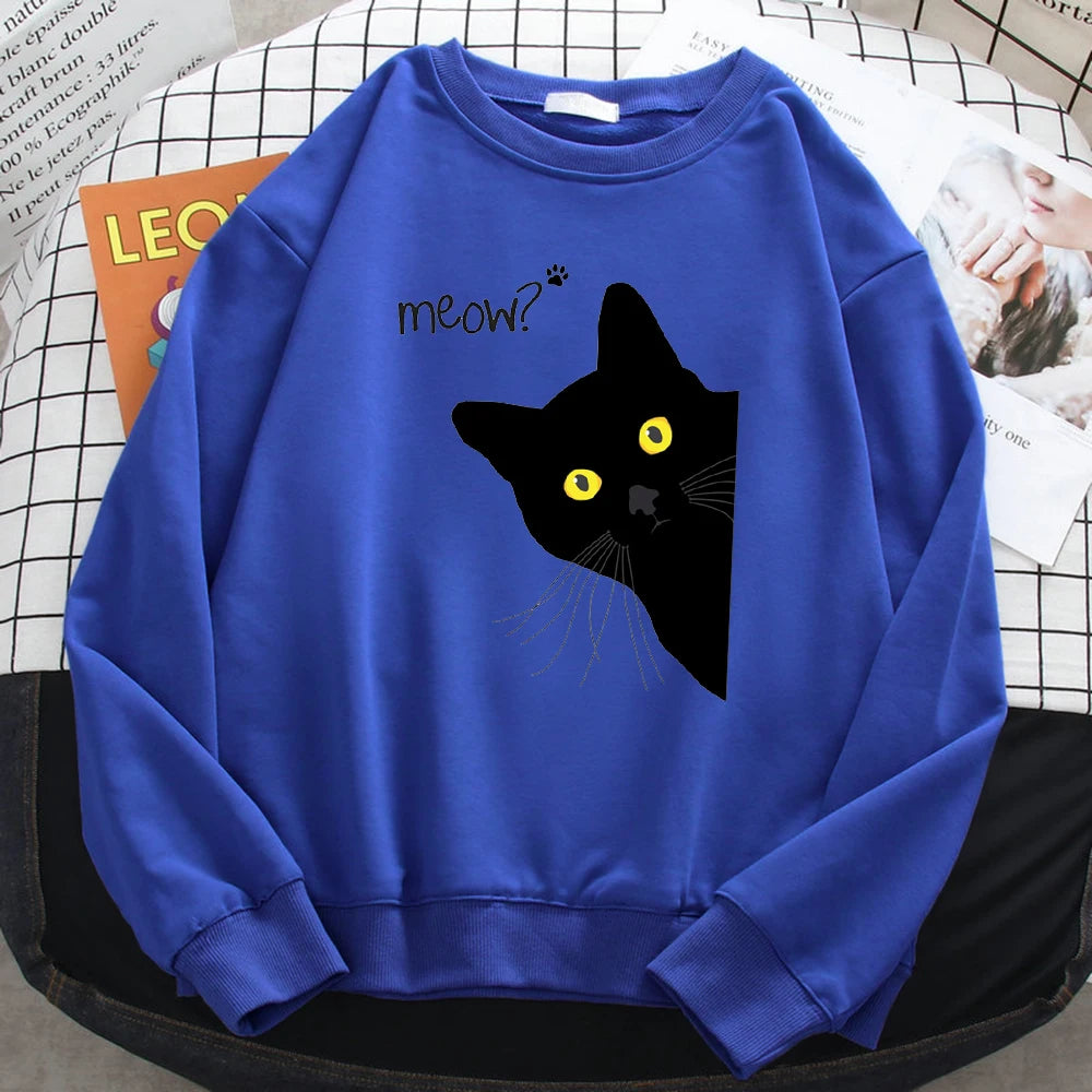 Winter Harajuku Woman Sweatshirt Meow Black Cat Printing Hoodies Comfortable All-Math Pullover Crewneck Loose Female Clothes