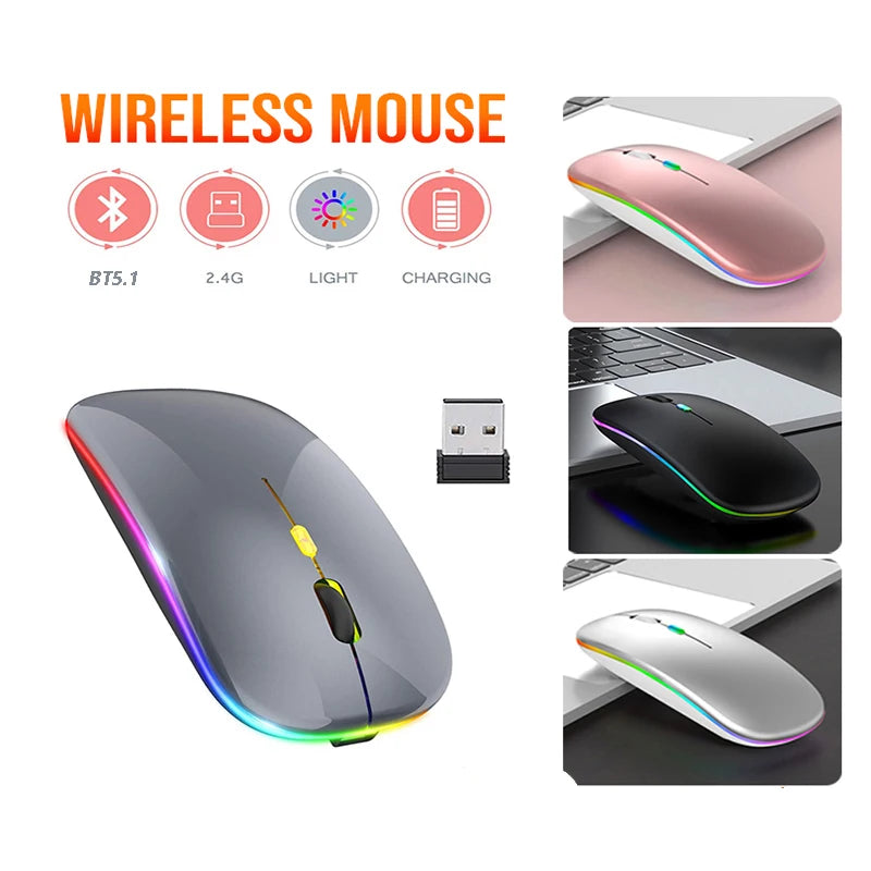 2.4GHz Wireless Mouse Bluetooth Mouse Mice Rechargeable Mouse Silent Mouse LED Backlit USB Gaming Mouse 1600DPI for PC Laptop