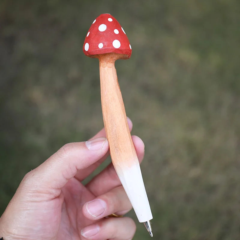Hand-carved Wooden Mushroom Gel Pen Wood Neutral Pens Cute Writing Tools For Kids Gift School Supplies Stationery 0.5 Black Ink