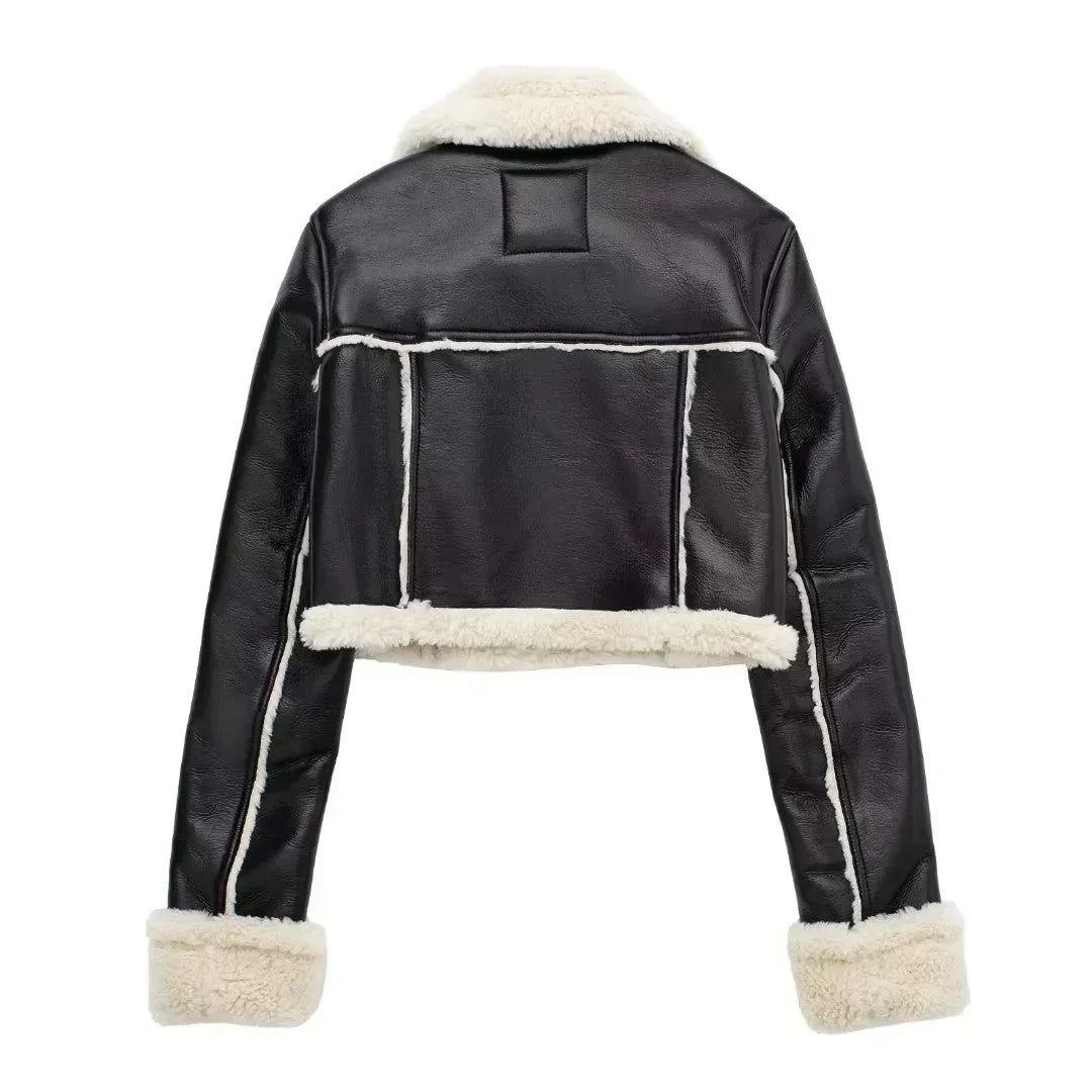 Women's Cropped Leather Jacket Coat Black Wool Blends Coats Bomber Tweed Jacket Autumn Winter Leather and Fur Crop Jacket