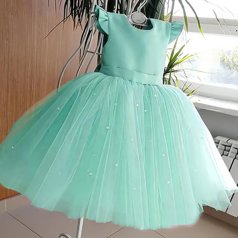 Toddler Girl Blue Beaded Tutu Gown 1-5 Years Baby Girl Birthday Party Dress Little Girl V-Back Bow Tulle Clothes Infant Costume