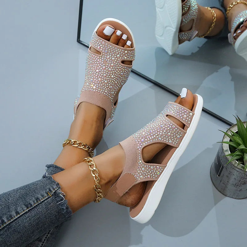 Summer Women Flats Crystal Stretch Orthopedic Casial Sandals Open Toe Beach Mesh Shoes Footwear Casual Ladies Sandalias Mujeres