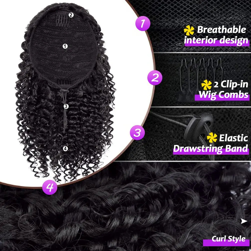 Synthetic 10 Inch Short Kinky Curly Ponytail Extension for Black Women Natural Drawstring with Two Clips Afro Women Daily Use