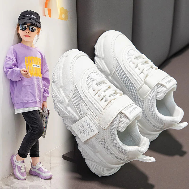Spring New Kids Sneakers 2023 PU Girls Casual Mesh Solid Pink Light Boys White Hook & Loop Children Non-slip Sports Shoe Fashion