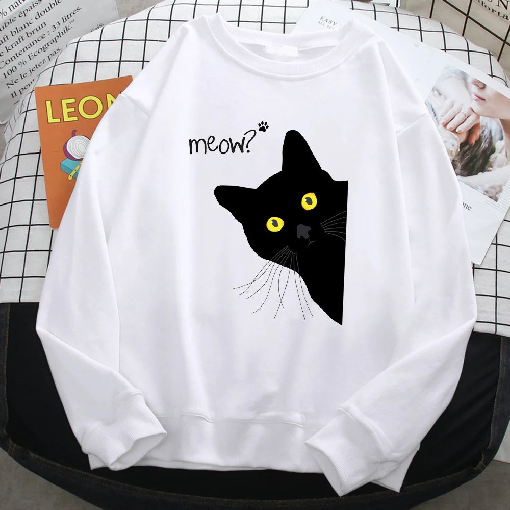 Winter Harajuku Woman Sweatshirt Meow Black Cat Printing Hoodies Comfortable All-Math Pullover Crewneck Loose Female Clothes