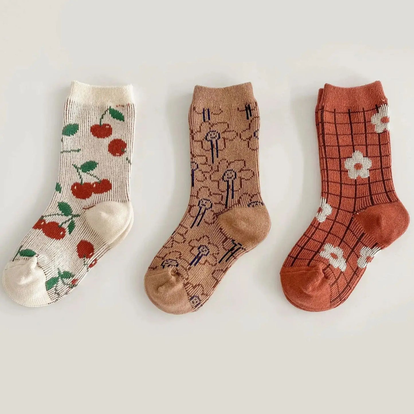 Girls Socks Spring Cotton Socks Cute Cherry Flower Socks Kids Calf Length Double Woven Cotton Socks