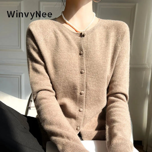 WinvyNee Women 100% Wool Cardigans Sweater Solid Casual Warm Outerwear Knitwear Tops 2024 Autumn Winter Women Clothing B1263018