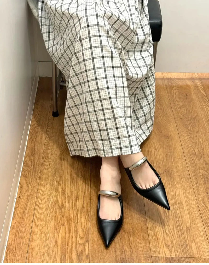 Thick Heel Women Mules Slippers Shoes Fashion Shallow Metal Decoration Slides Spring Autumn Outdoor Party Dress Shoes