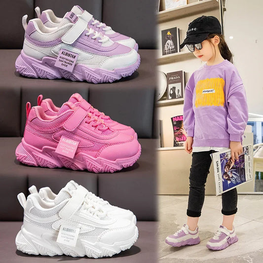 Spring New Kids Sneakers 2023 PU Girls Casual Mesh Solid Pink Light Boys White Hook & Loop Children Non-slip Sports Shoe Fashion